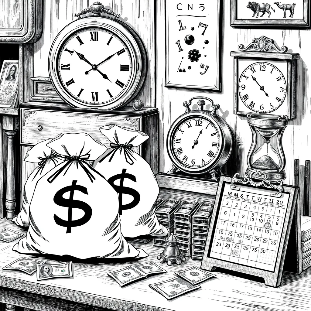 Bags of money, clock, hourglass and calendar representing savings